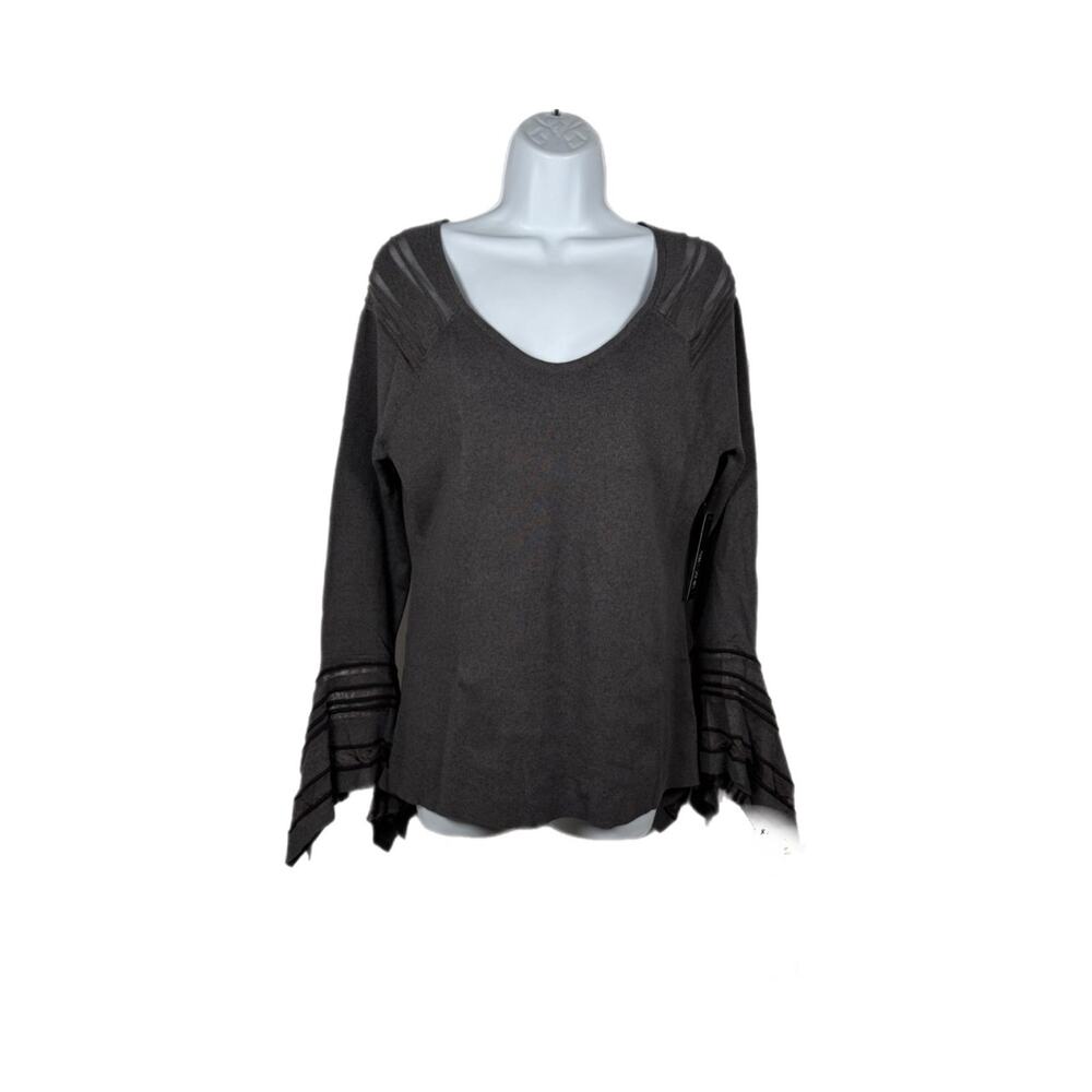 Nic+Zoe Sweater Womens M Gray Graphite Bell Sleeve Scoop Neck Ruffle Pullover